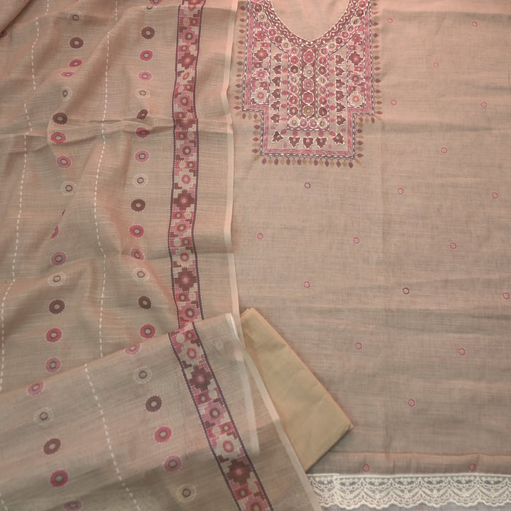 Sufnaa Mocha Beige Digital Printed with kantha Neck Work Cotton Linen Set