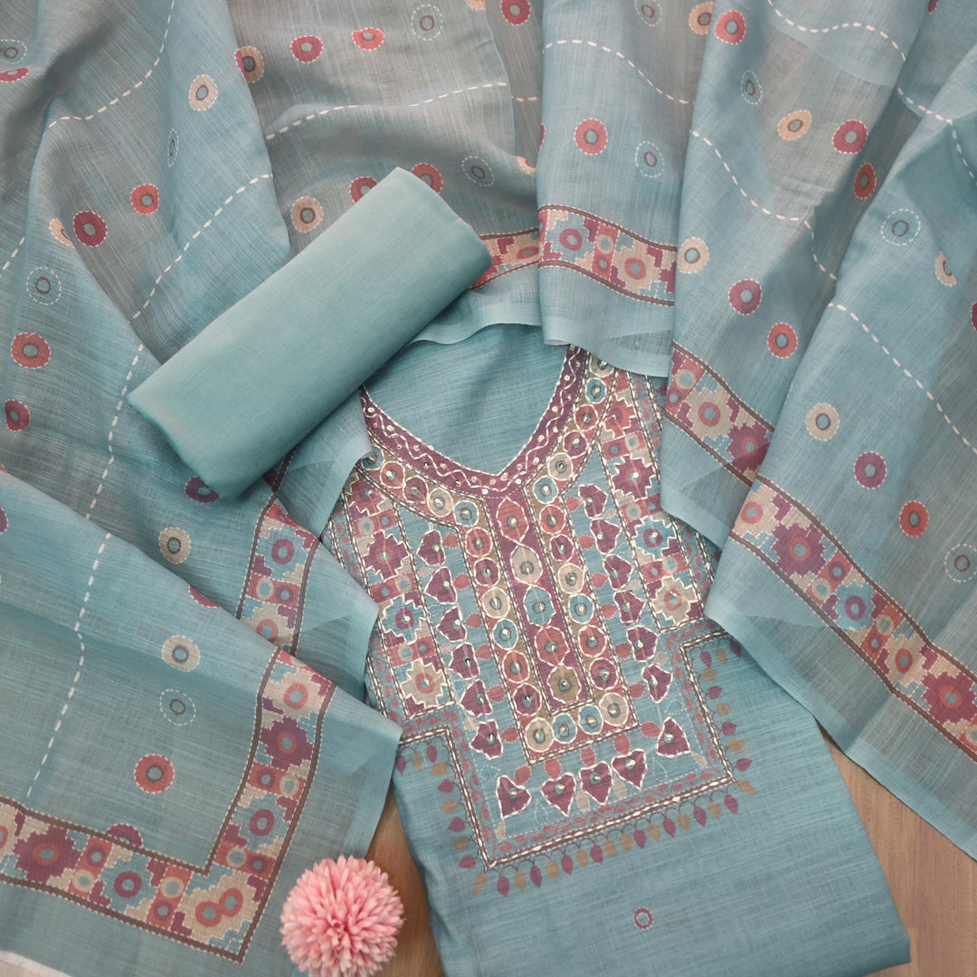 Sufnaa Cerulean Teal Digital Printed with kantha Neck Work Cotton Linen Set