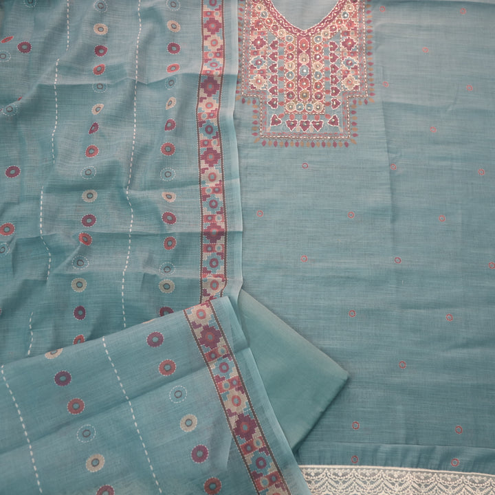 Sufnaa Cerulean Teal Digital Printed with kantha Neck Work Cotton Linen Set
