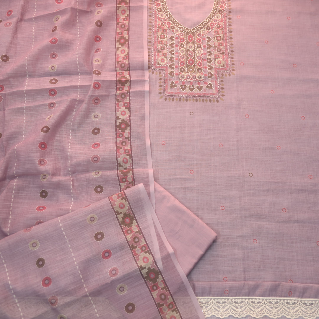 Sufnaa Mulberry Mauve Digital Printed with kantha Neck Work Cotton Linen Set