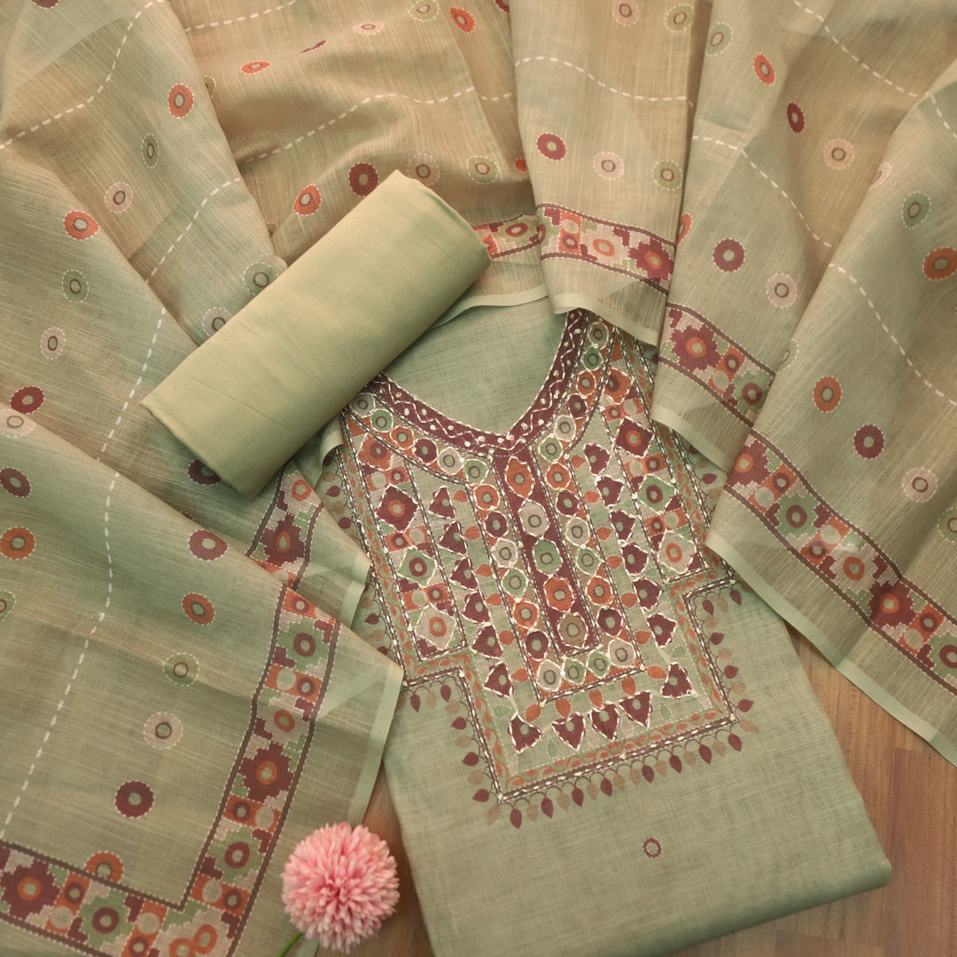 Sufnaa Soil Green Digital Printed with kantha Neck Work Cotton Linen Set