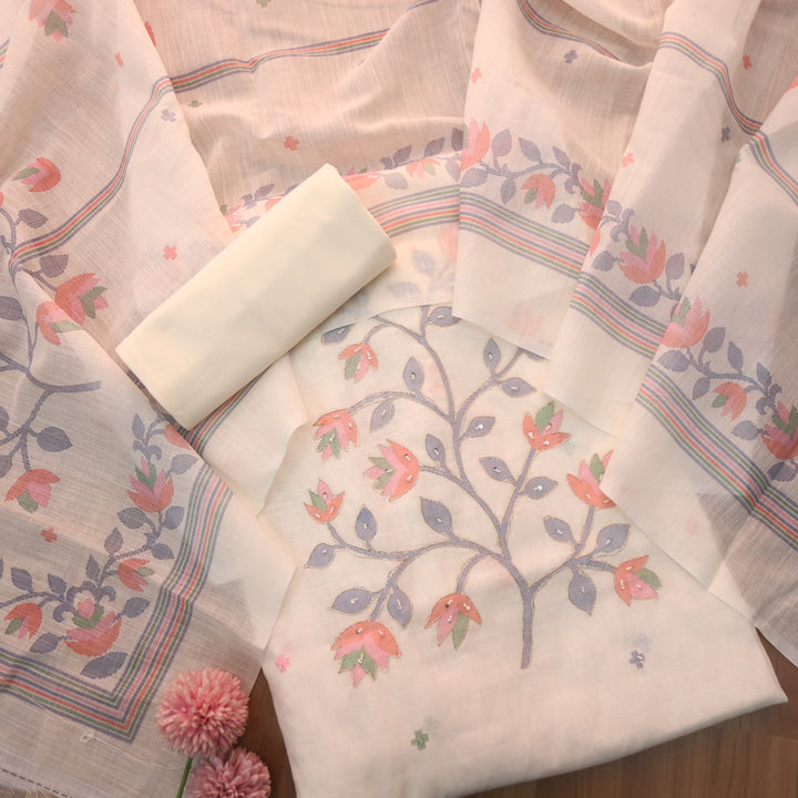 Kranti Cream White Floral Print with Moti and Zari Work Cotton Linen Set