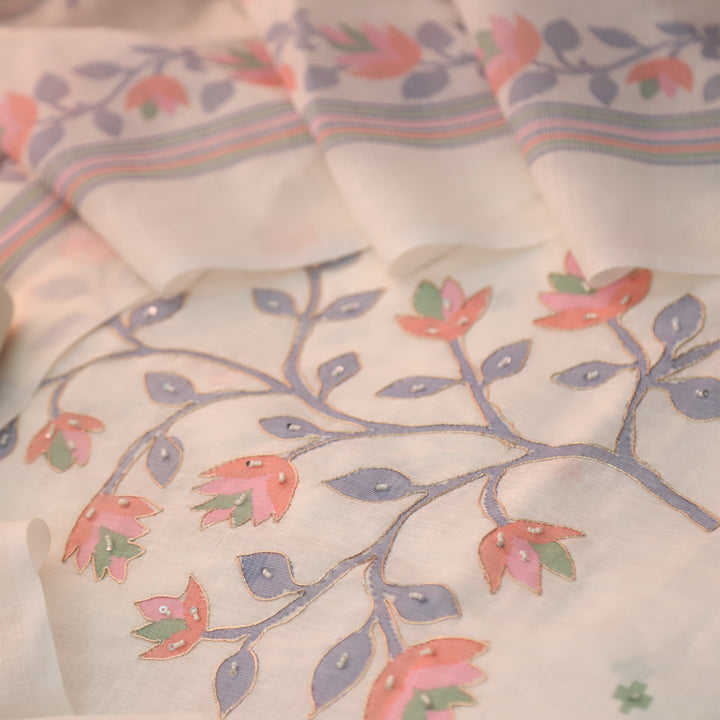 Kranti Cream White Floral Print with Moti and Zari Work Cotton Linen Set