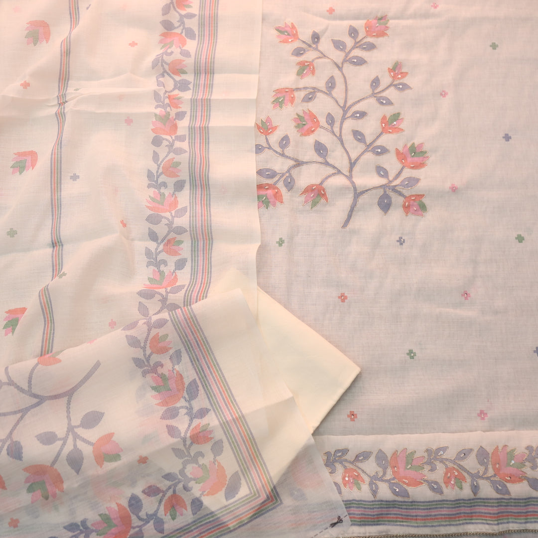 Kranti Cream White Floral Print with Moti and Zari Work Cotton Linen Set