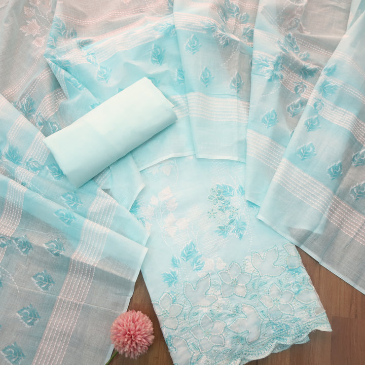 Raavi Aqua Blue Floral Printed Cut Work Hem Thread Work Cotton Suit Set