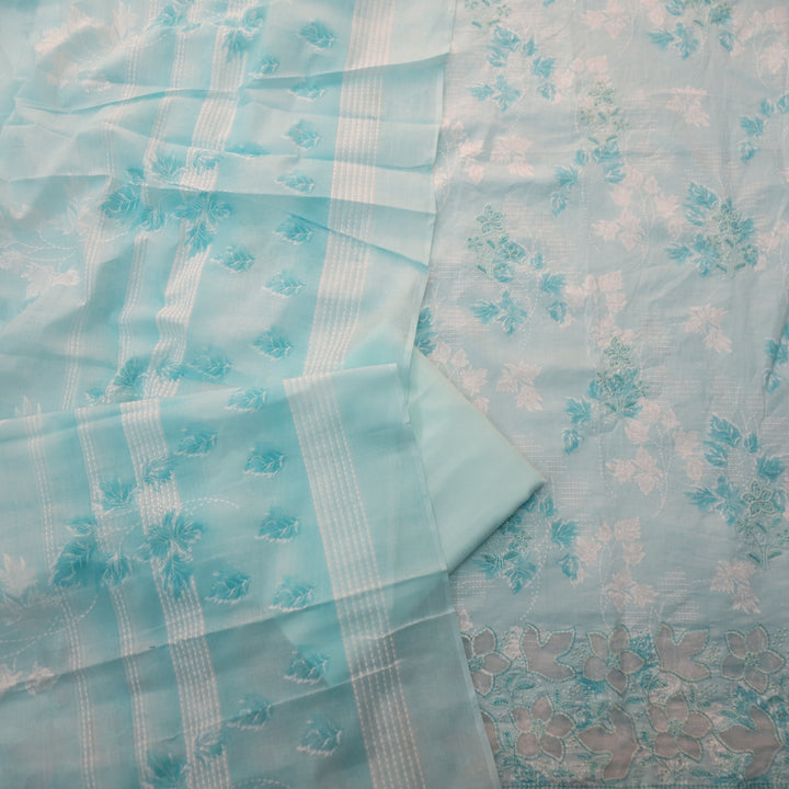 Raavi Aqua Blue Floral Printed Cut Work Hem Thread Work Cotton Suit Set