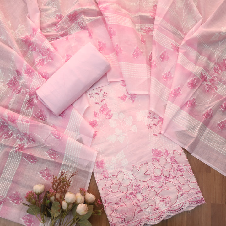Raavi Baby Pink Floral Printed Cut Work Hem Thread Work Cotton Suit Set