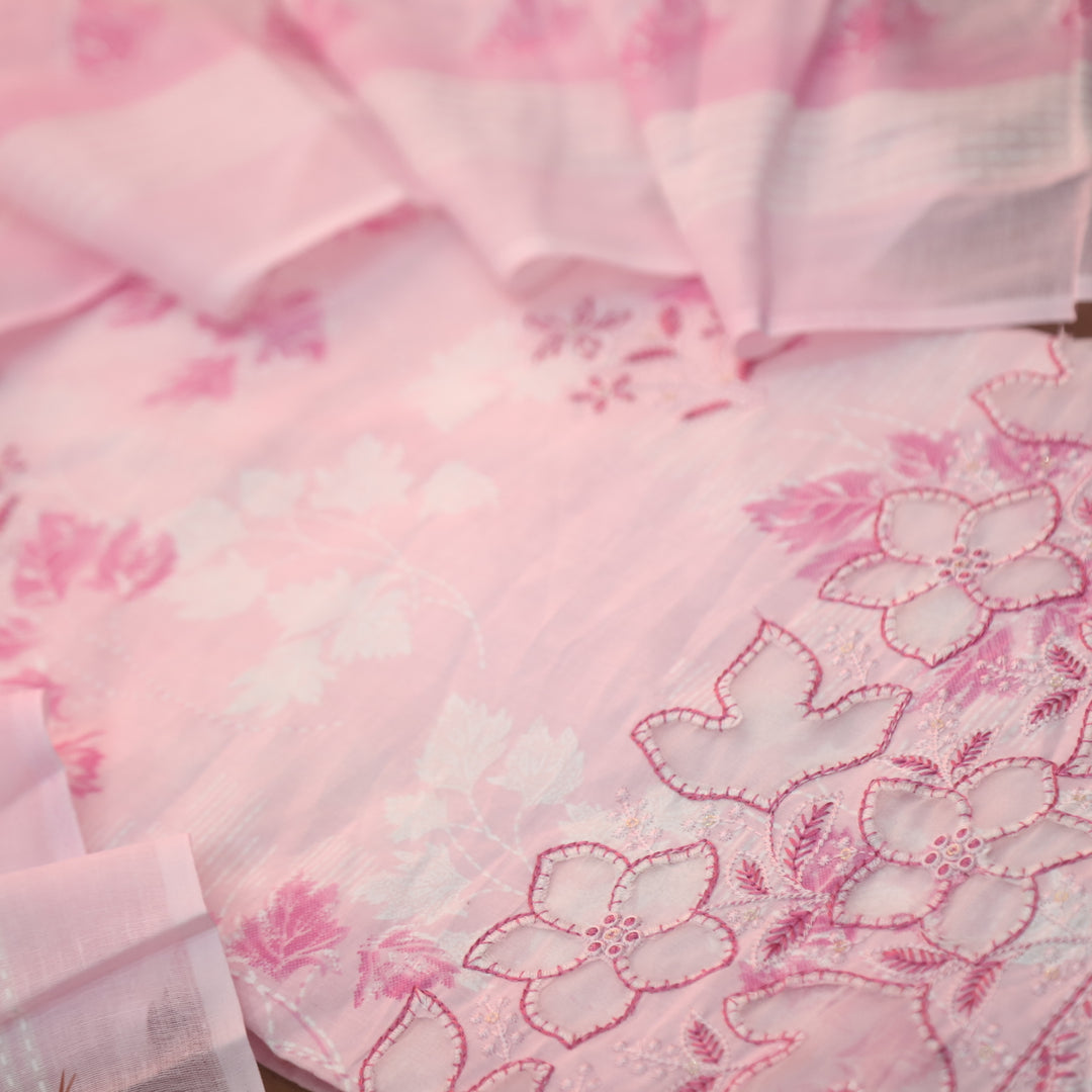 Raavi Baby Pink Floral Printed Cut Work Hem Thread Work Cotton Suit Set