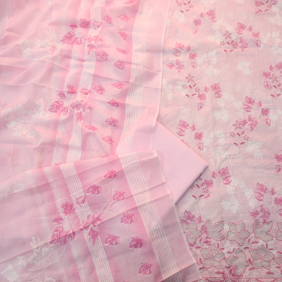 Raavi Baby Pink Floral Printed Cut Work Hem Thread Work Cotton Suit Set