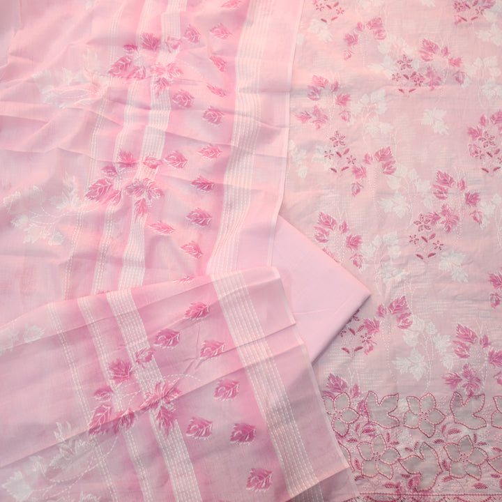 Raavi Baby Pink Floral Printed Cut Work Hem Thread Work Cotton Suit Set