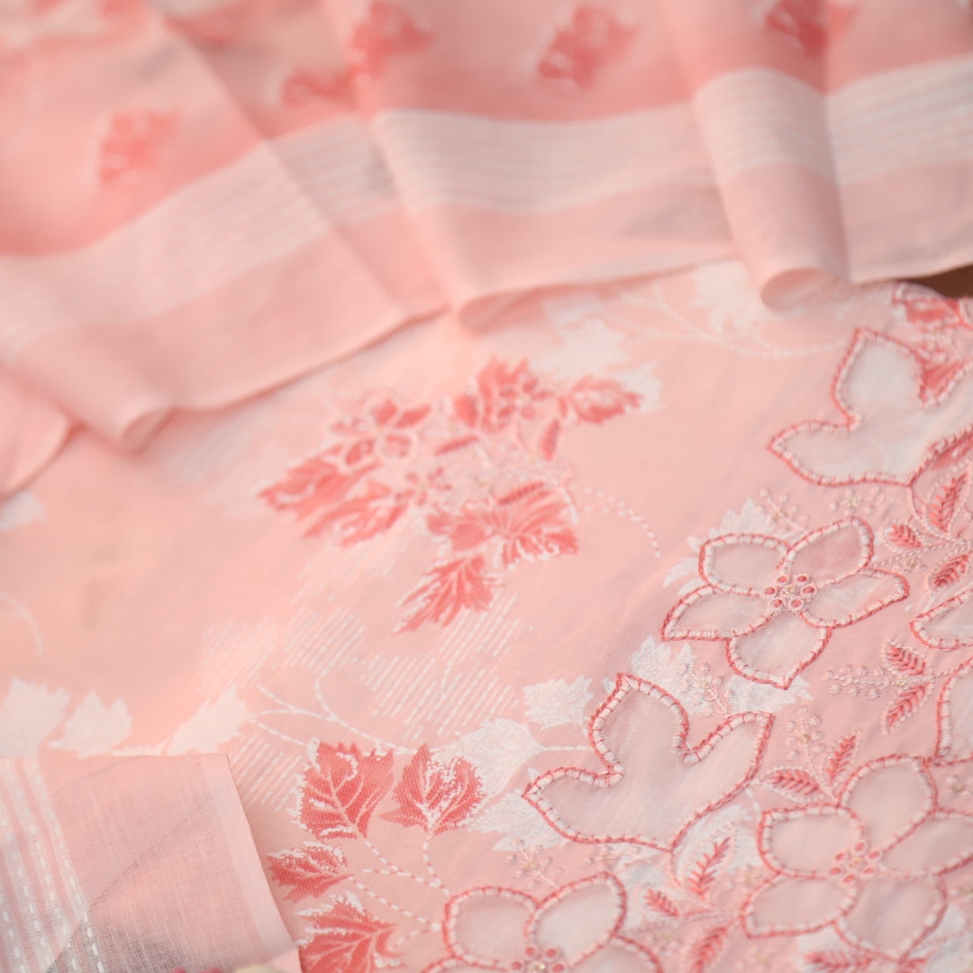 Raavi Coral Peach Floral Printed Cut Work Hem Thread Work Cotton Suit Set
