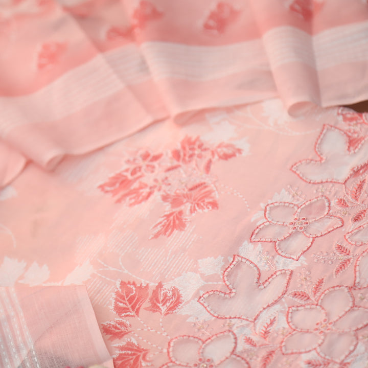 Raavi Coral Peach Floral Printed Cut Work Hem Thread Work Cotton Suit Set