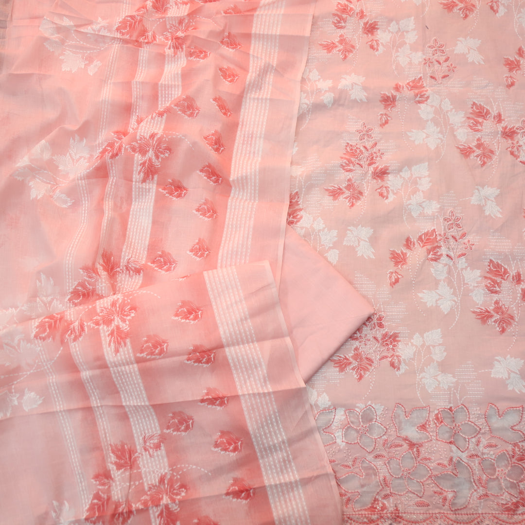 Raavi Coral Peach Floral Printed Cut Work Hem Thread Work Cotton Suit Set