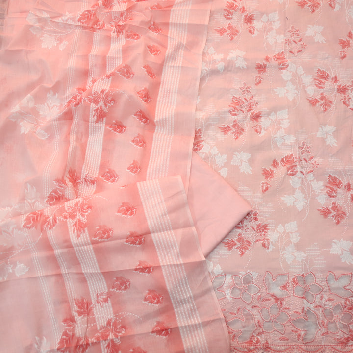 Raavi Coral Peach Floral Printed Cut Work Hem Thread Work Cotton Suit Set