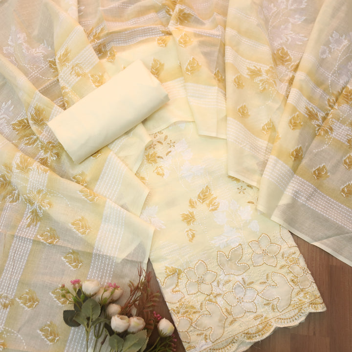 Raavi Buttermilk Yellow Floral Printed Cut Work Hem Thread Work Cotton Suit Set
