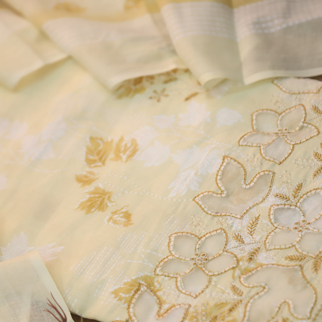 Raavi Buttermilk Yellow Floral Printed Cut Work Hem Thread Work Cotton Suit Set