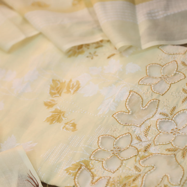 Raavi Buttermilk Yellow Floral Printed Cut Work Hem Thread Work Cotton Suit Set