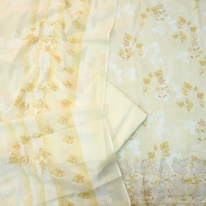 Raavi Buttermilk Yellow Floral Printed Cut Work Hem Thread Work Cotton Suit Set
