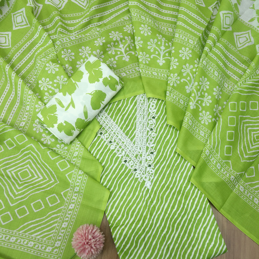 Farheen Green Apple V Embellished Neckline Leheriya Printed Cotton Suit Set