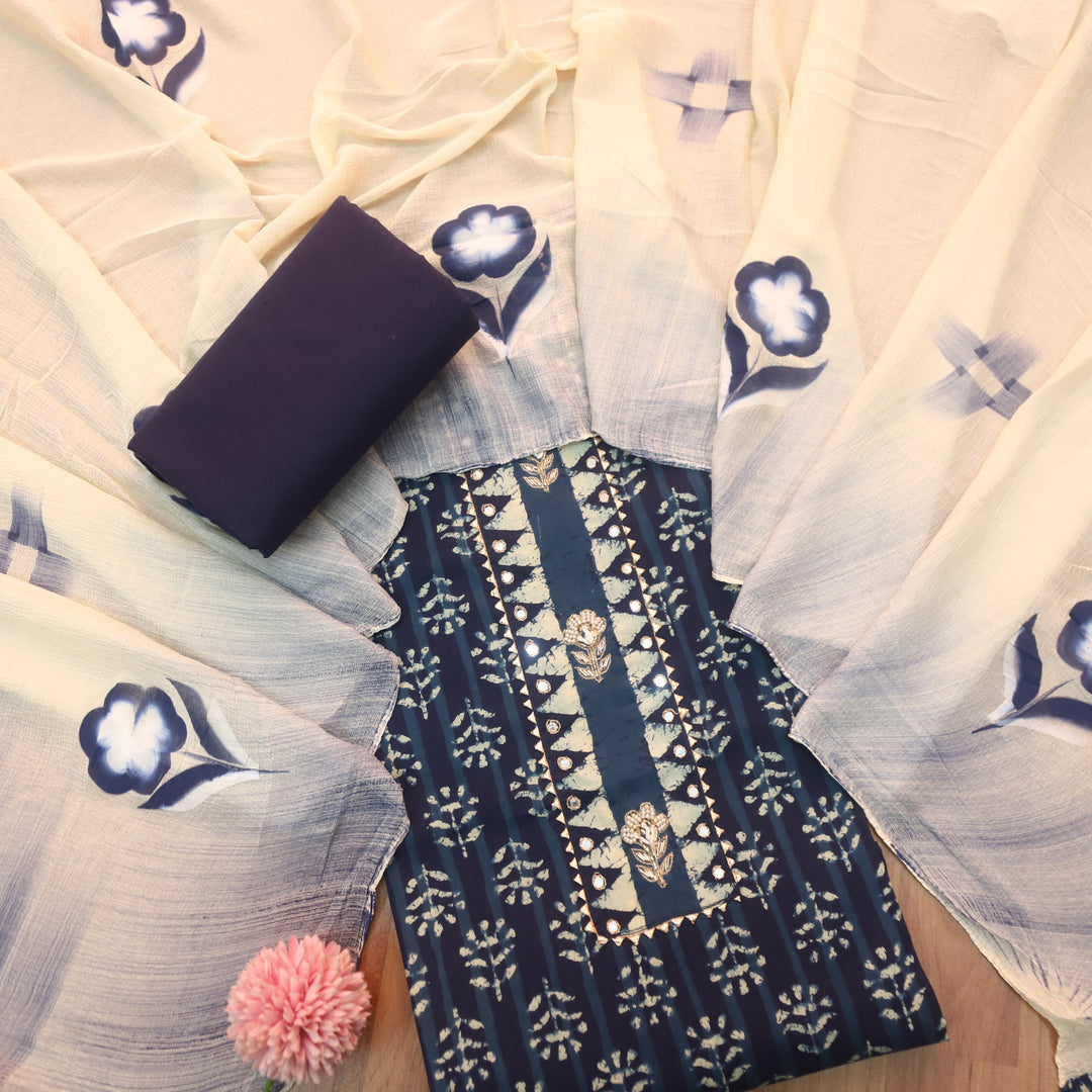 Rubi Denim Blue Moti with Zari Embellish Neck Work Dabu Printed Cotton Suit Set