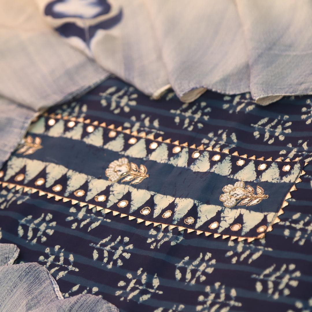 Rubi Denim Blue Moti with Zari Embellish Neck Work Dabu Printed Cotton Suit Set