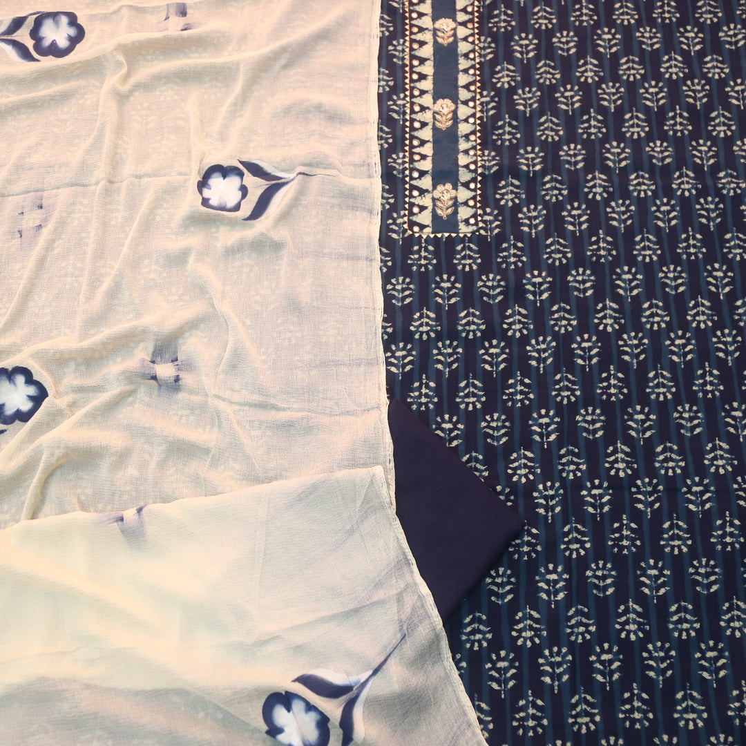 Rubi Denim Blue Moti with Zari Embellish Neck Work Dabu Printed Cotton Suit Set