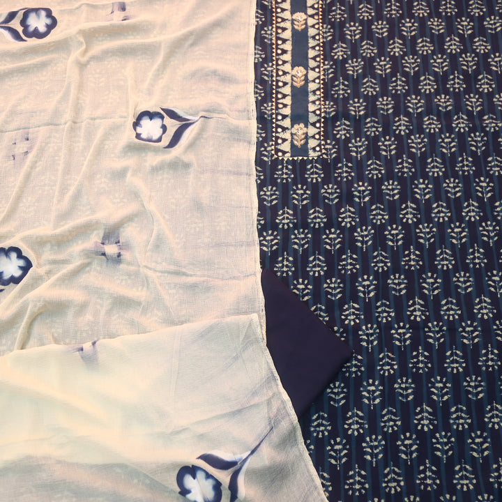 Rubi Denim Blue Moti with Zari Embellish Neck Work Dabu Printed Cotton Suit Set