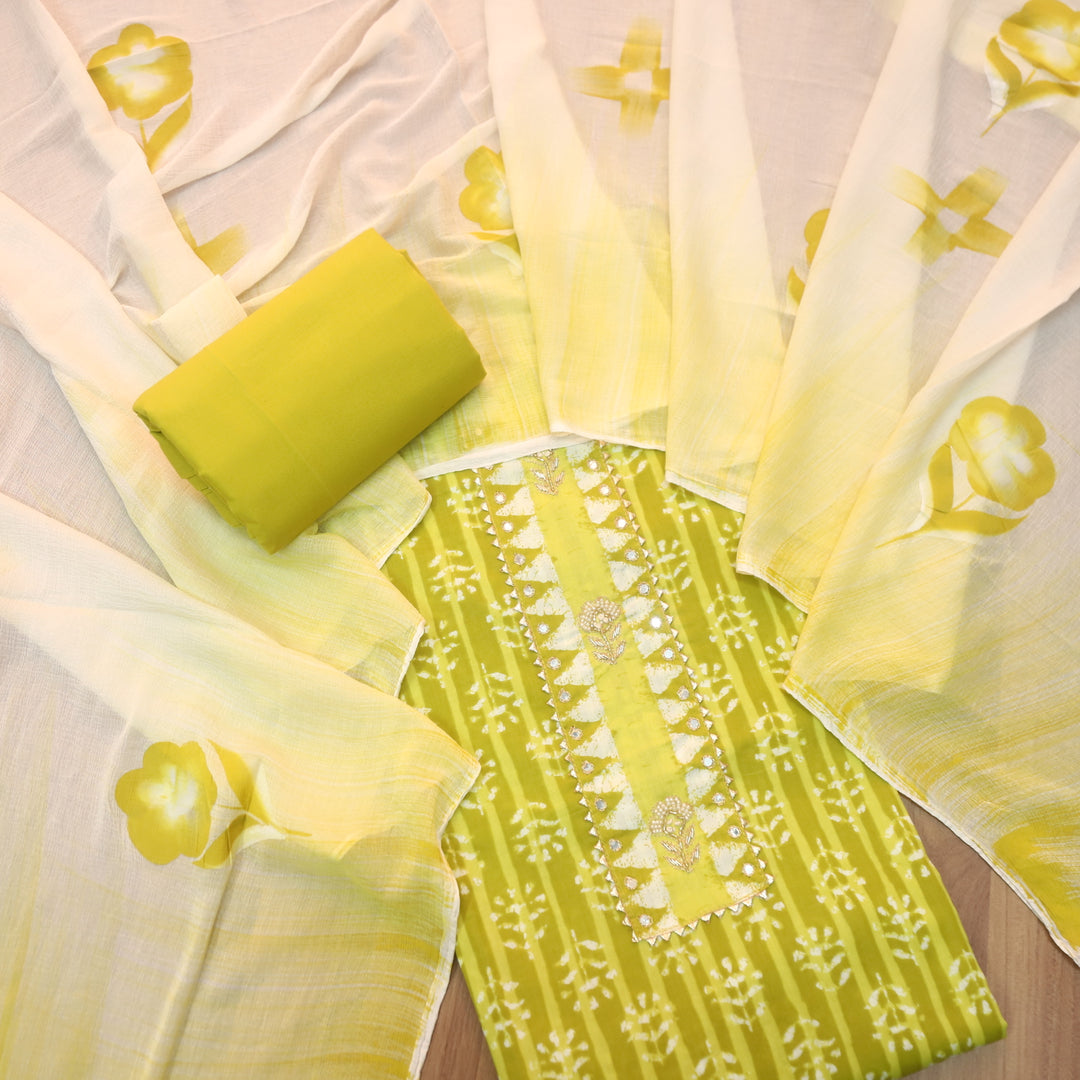 Rubi Lemon Yellow Moti with Zari Embellish Neck Work Dabu Printed Cotton Suit Set