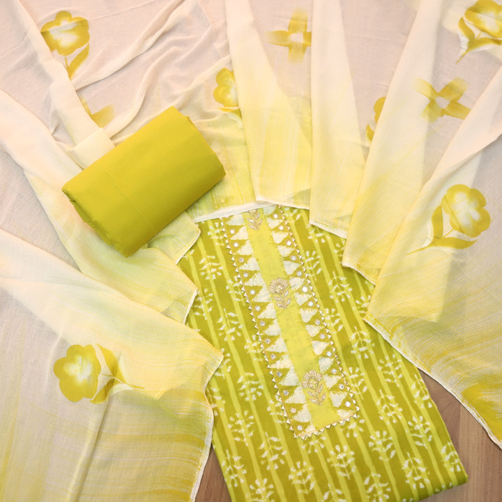 Rubi Lemon Yellow Moti with Zari Embellish Neck Work Dabu Printed Cotton Suit Set