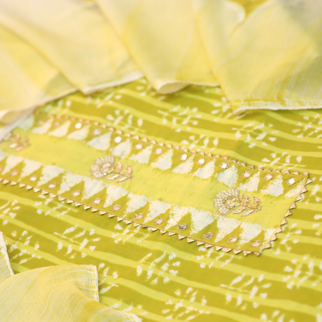 Rubi Lemon Yellow Moti with Zari Embellish Neck Work Dabu Printed Cotton Suit Set
