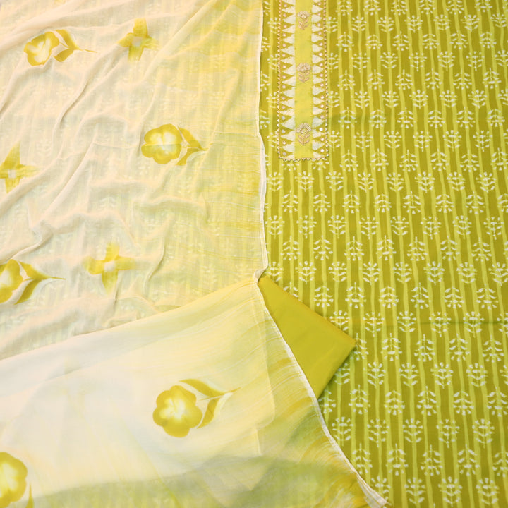 Rubi Lemon Yellow Moti with Zari Embellish Neck Work Dabu Printed Cotton Suit Set
