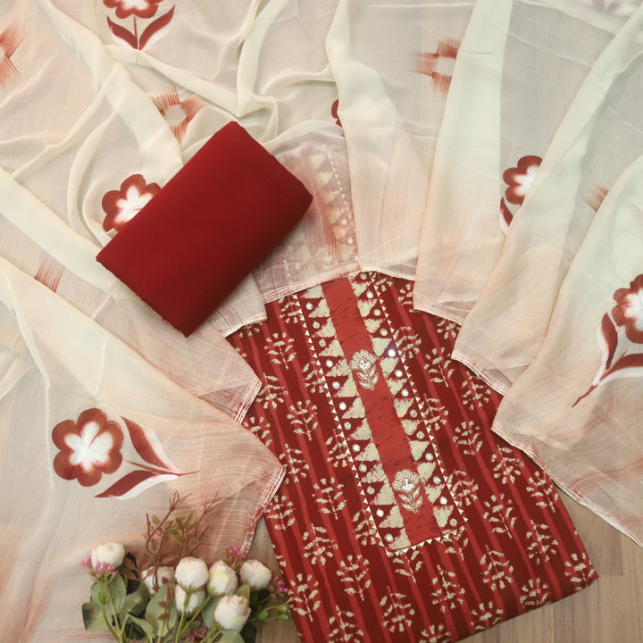 Rubi Tangy Red Moti with Zari Embellish Neck Work Dabu Printed Cotton Suit set