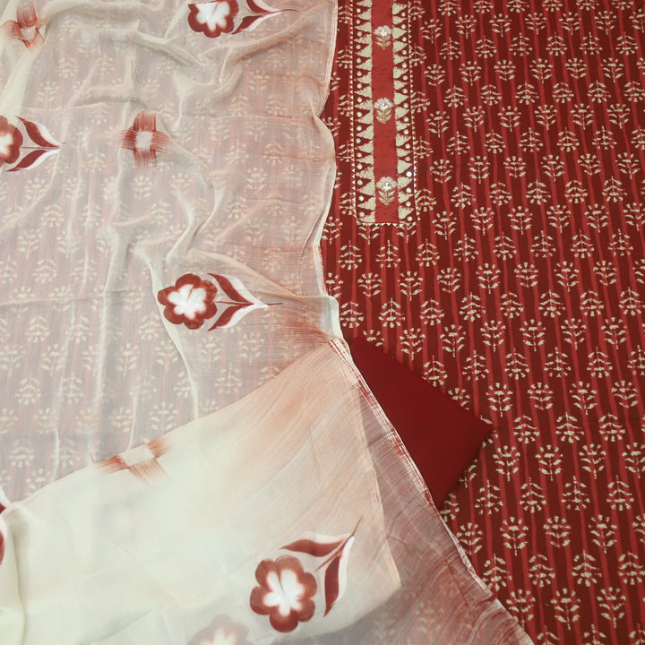Rubi Tangy Red Moti with Zari Embellish Neck Work Dabu Printed Cotton Suit set