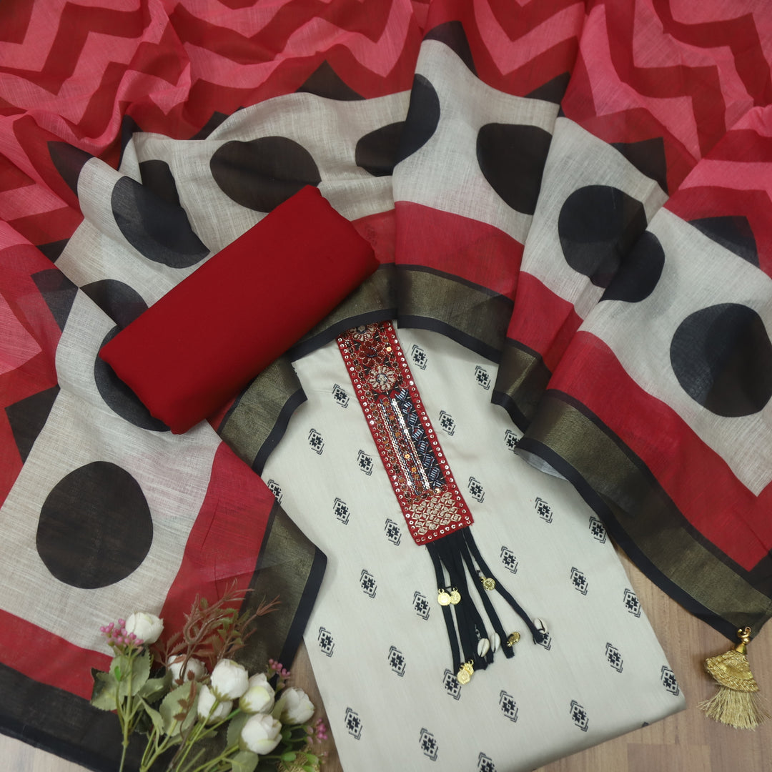 Kaash Hazel Taupe Embellish Neck Patch Printed Jam Cotton Suit Set