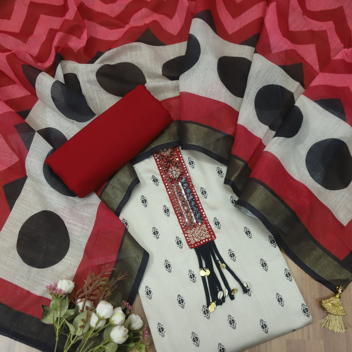 Kaash Hazel Taupe Embellish Neck Patch Printed Jam Cotton Suit Set