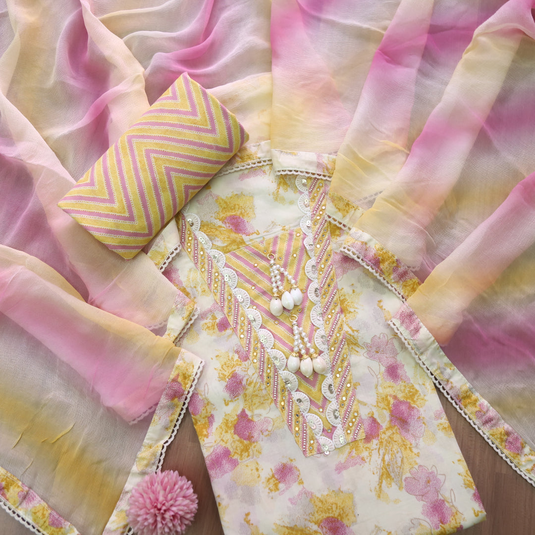 Bahaar Buttermilk Beige Floral Printed with Embellish Neck Cotton Suit Set