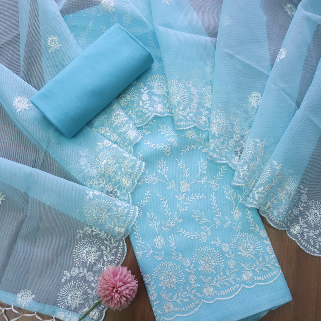 Sahiba Aqua Blue All Over Thread Embroidered Work Kota Doriya Suit Set