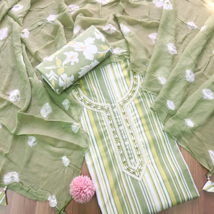 Adaa Grass Green Shell Neck with Moti Stripe Printed Cotton Suit Set