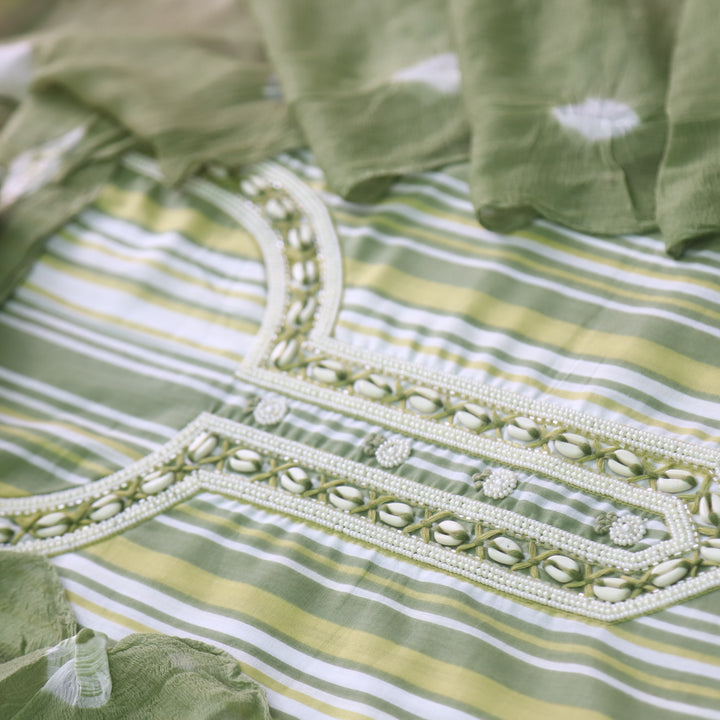 Adaa Grass Green Shell Neck with Moti Stripe Printed Cotton Suit Set