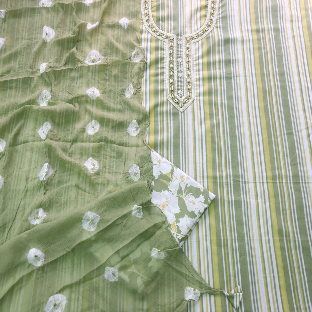 Adaa Grass Green Shell Neck with Moti Stripe Printed Cotton Suit Set
