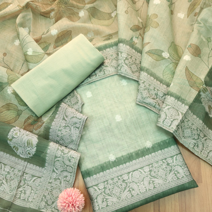 Faasla Sage Green Authentic Jamdani Weaved Hem Chanderi Suit Set