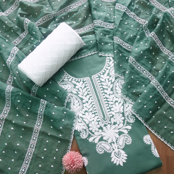 Suroor Pine Green Chikankari Inspired Neck Thread Work Cotton Suit Set