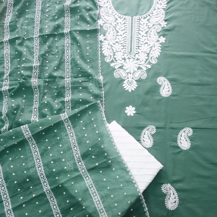 Suroor Pine Green Chikankari Inspired Neck Thread Work Cotton Suit Set