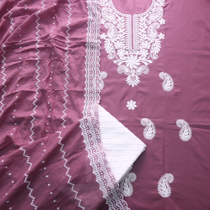 Suroor Raspberry Purple Chikankari Inspired Neck Thread Work Cotton Suit Set