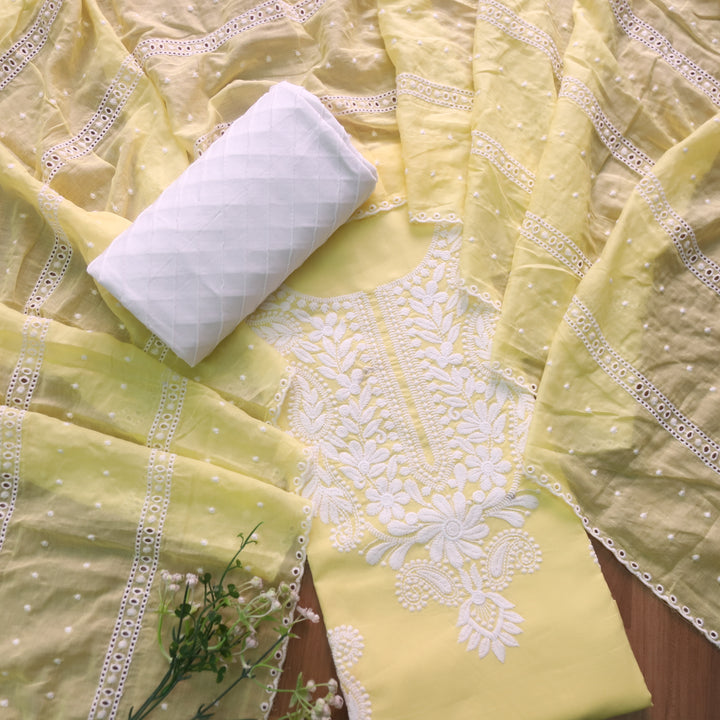 Suroor Buttermilk Yellow Chikankari Inspired Neck Thread Work Cotton Suit Set