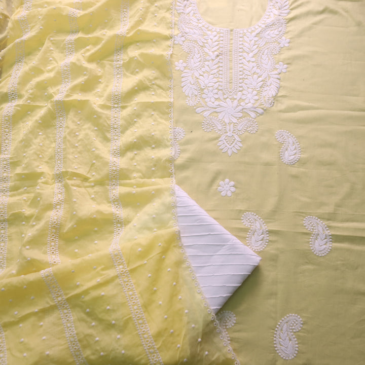 Suroor Buttermilk Yellow Chikankari Inspired Neck Thread Work Cotton Suit Set