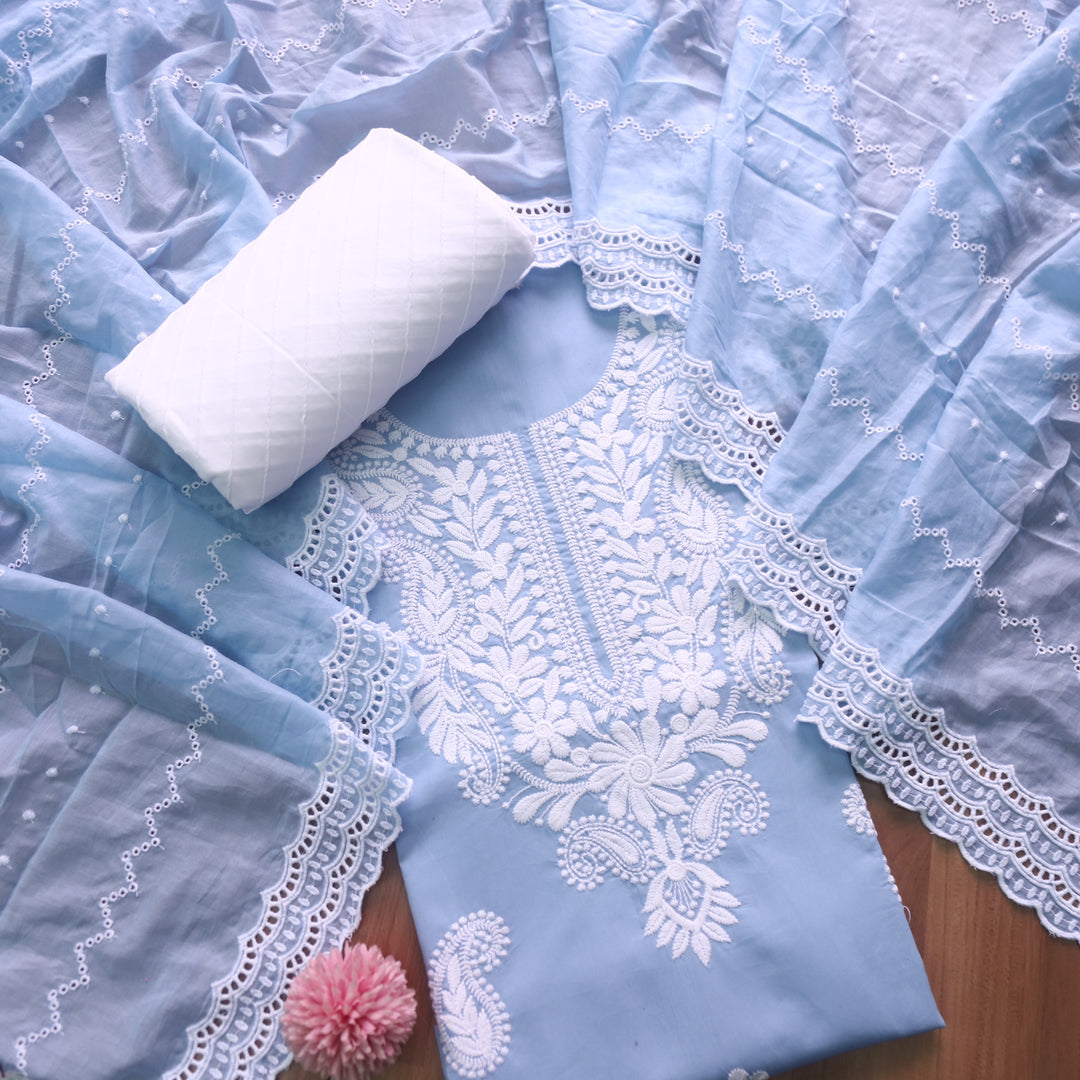 Suroor Azure Blue Chikankari Inspired Neck Thread Work Cotton Suit Set