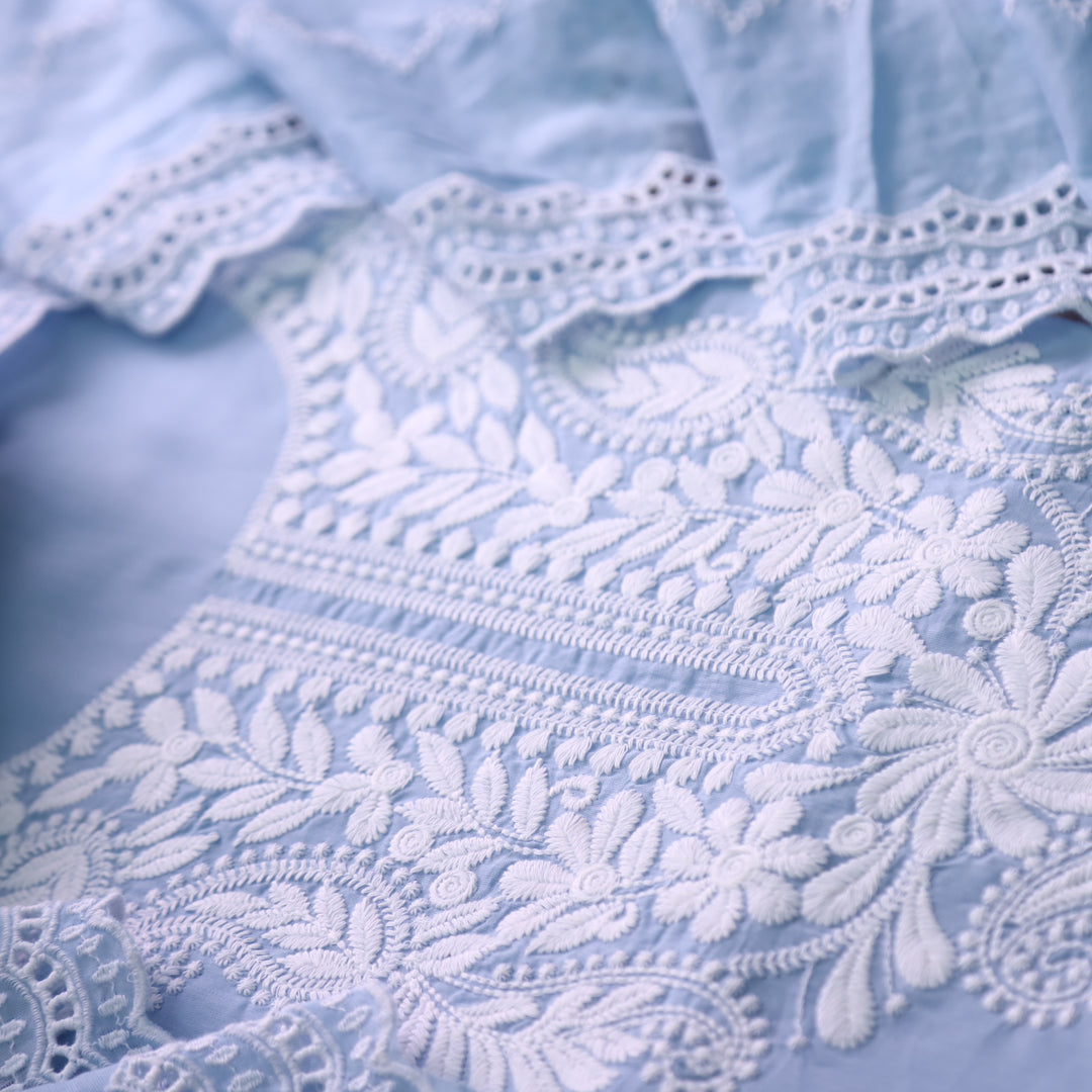 Suroor Azure Blue Chikankari Inspired Neck Thread Work Cotton Suit Set