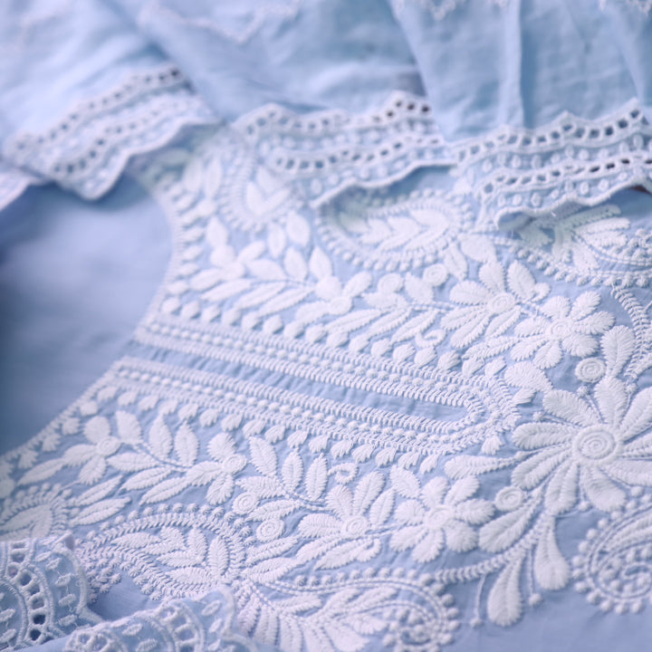 Suroor Azure Blue Chikankari Inspired Neck Thread Work Cotton Suit Set