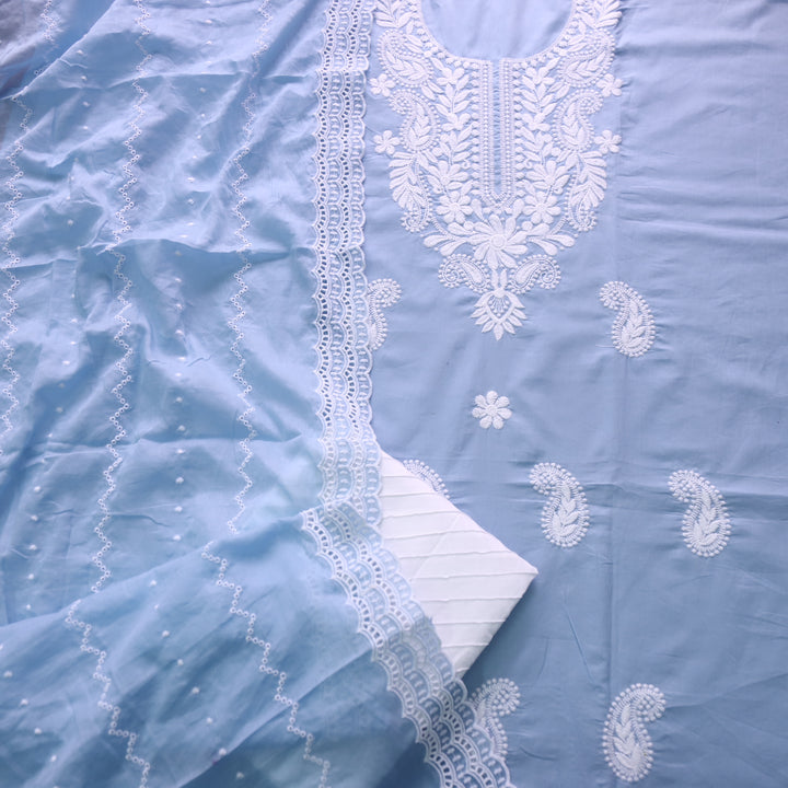 Suroor Azure Blue Chikankari Inspired Neck Thread Work Cotton Suit Set
